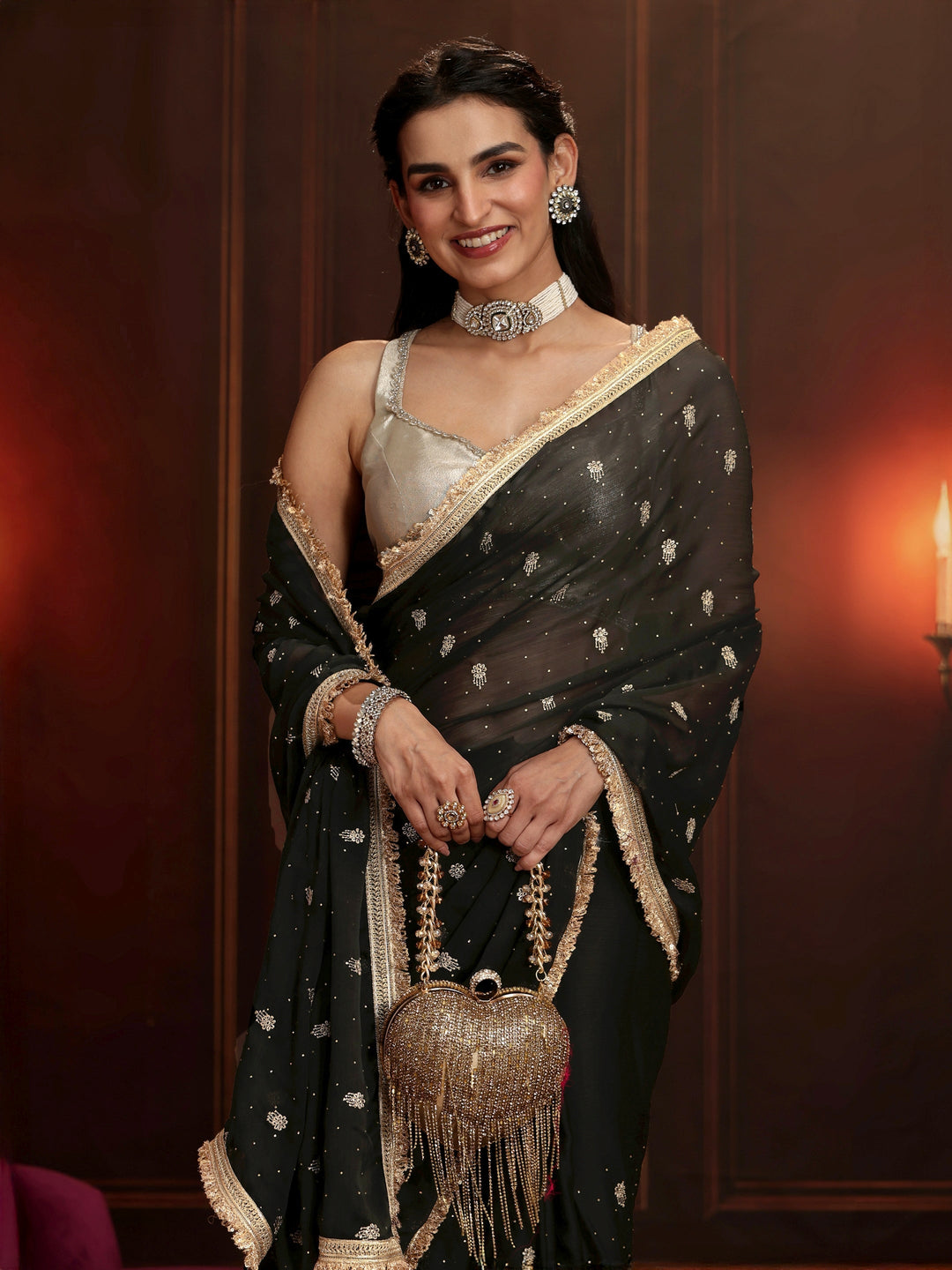 Libas Black Embellished Chinon Saree