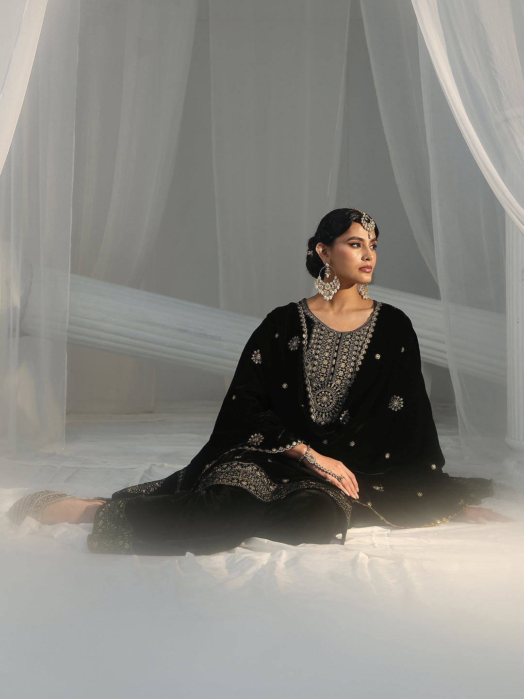Libas Black Embellished Velvet Straight Suit Set