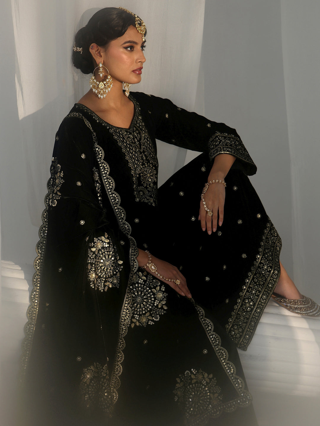 Libas Black Embroidered Velvet Straight Suit Set
