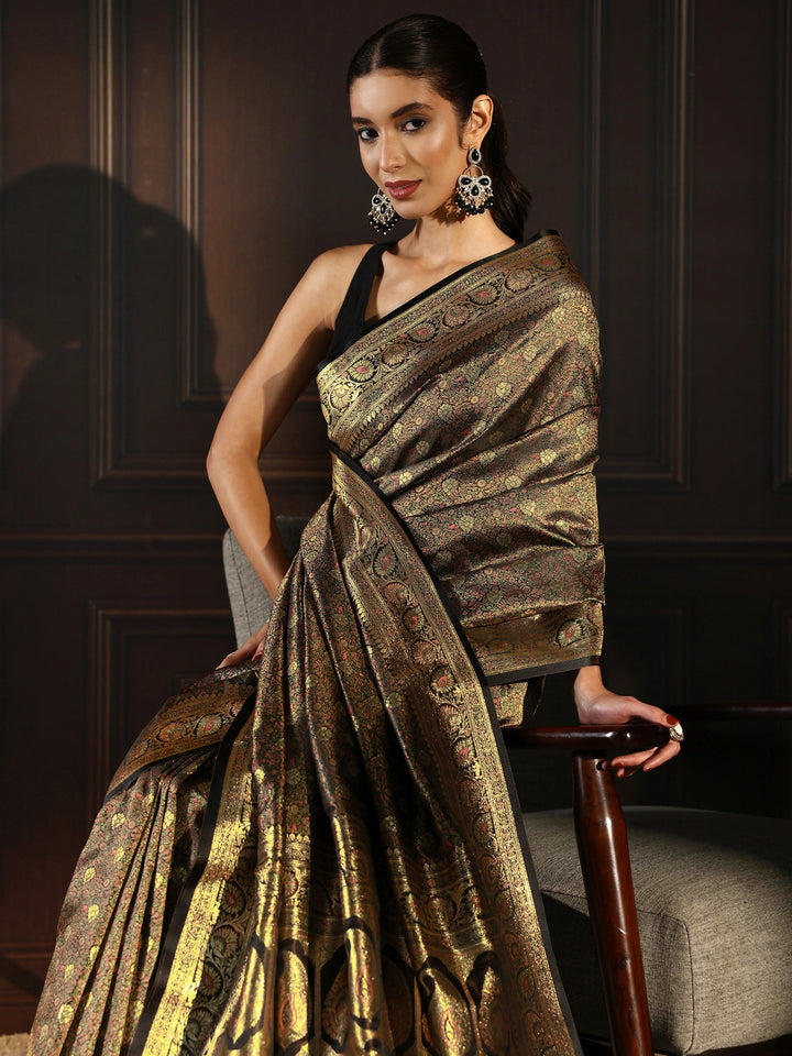 Libas Black Ethnic Brocade Tassel Saree