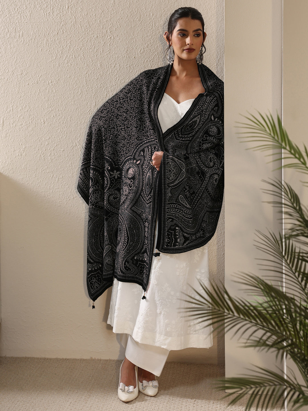 Libas Black Ethnic Embroidered Acrylic Wrap Shawl