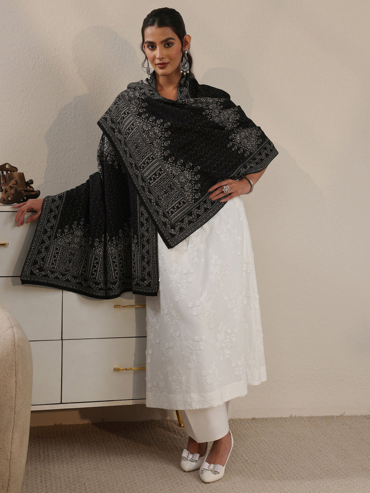 Libas Black Ethnic Embroidered Acrylic Wrap Shawl
