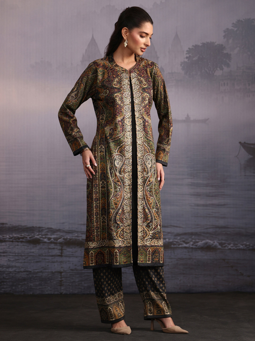 Libas Black Ethnic Embroidered Layered Woolen Straight Kurta
