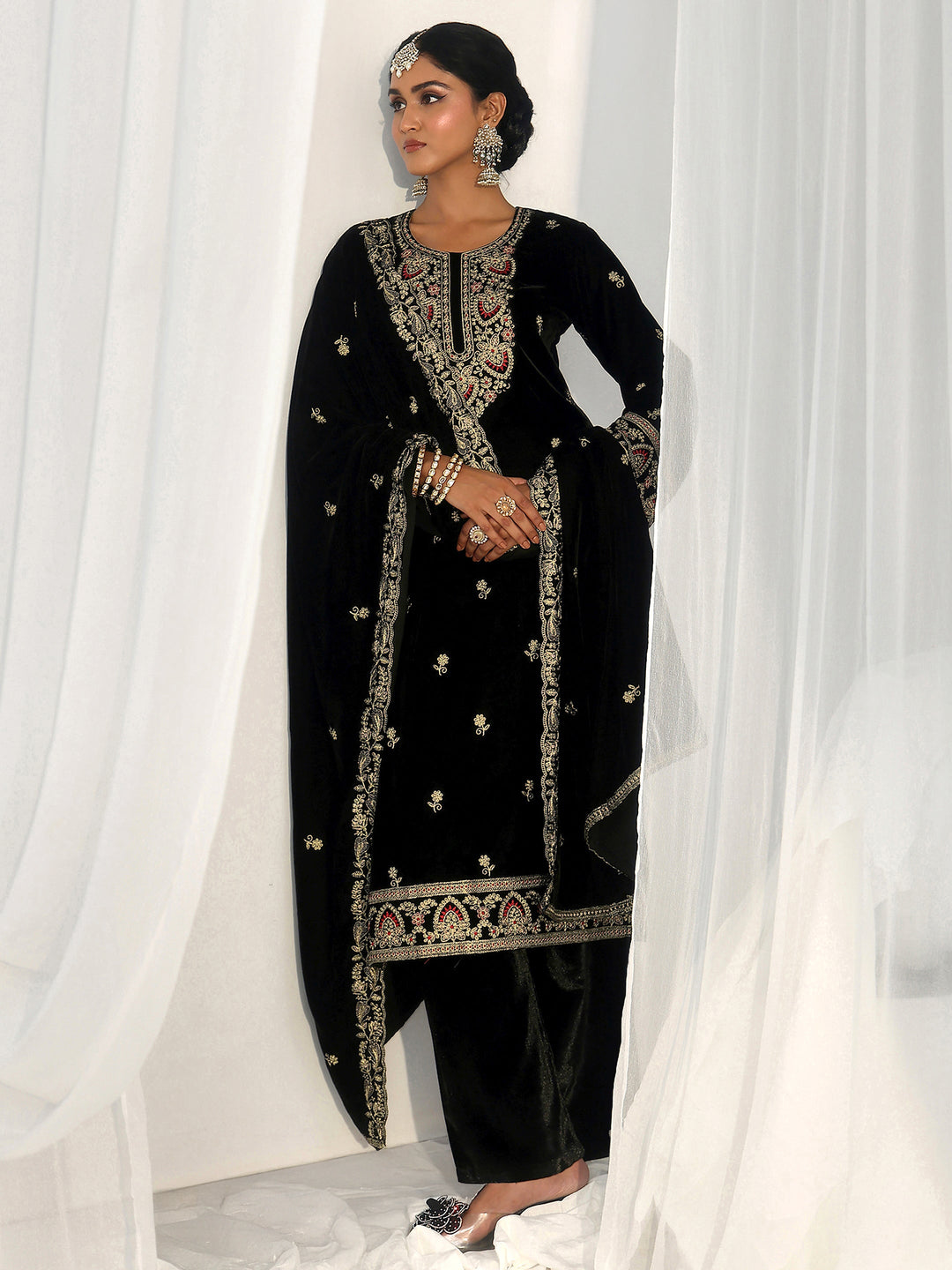 Libas Black Ethnic Embroidered Velvet Straight Suit Set