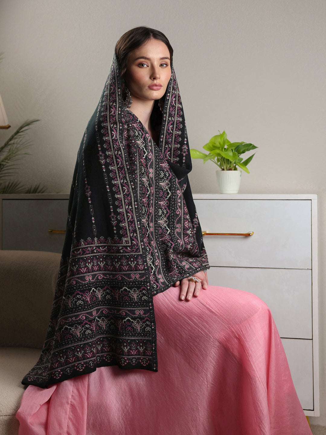 Libas Black Ethnic Knitted Acrylic Shawl