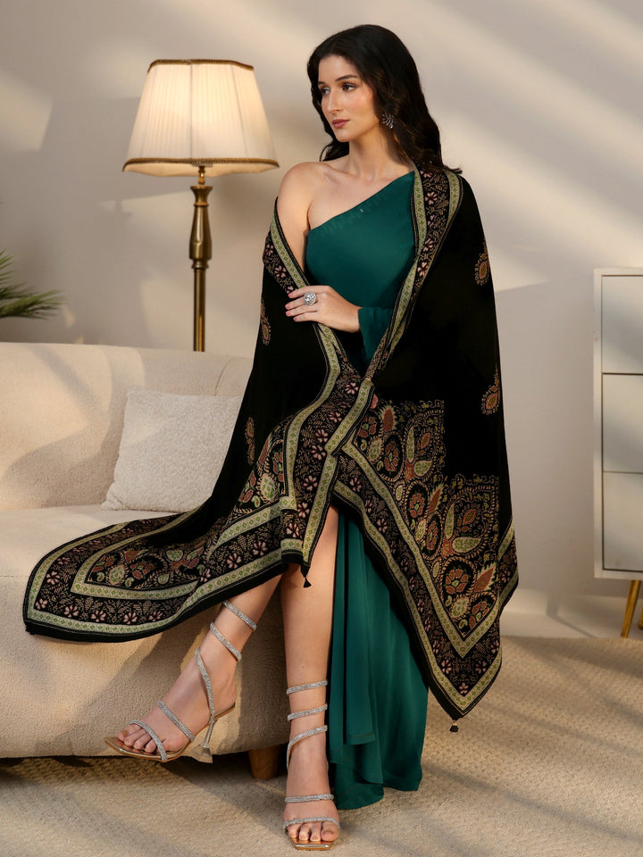 Libas Black Ethnic Knitted Acrylic Wrap Shawl
