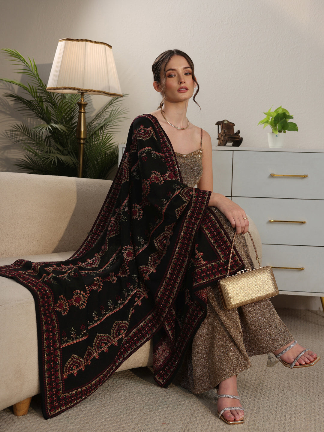 Libas Black Ethnic Knitted Acrylic Wrap Shawl