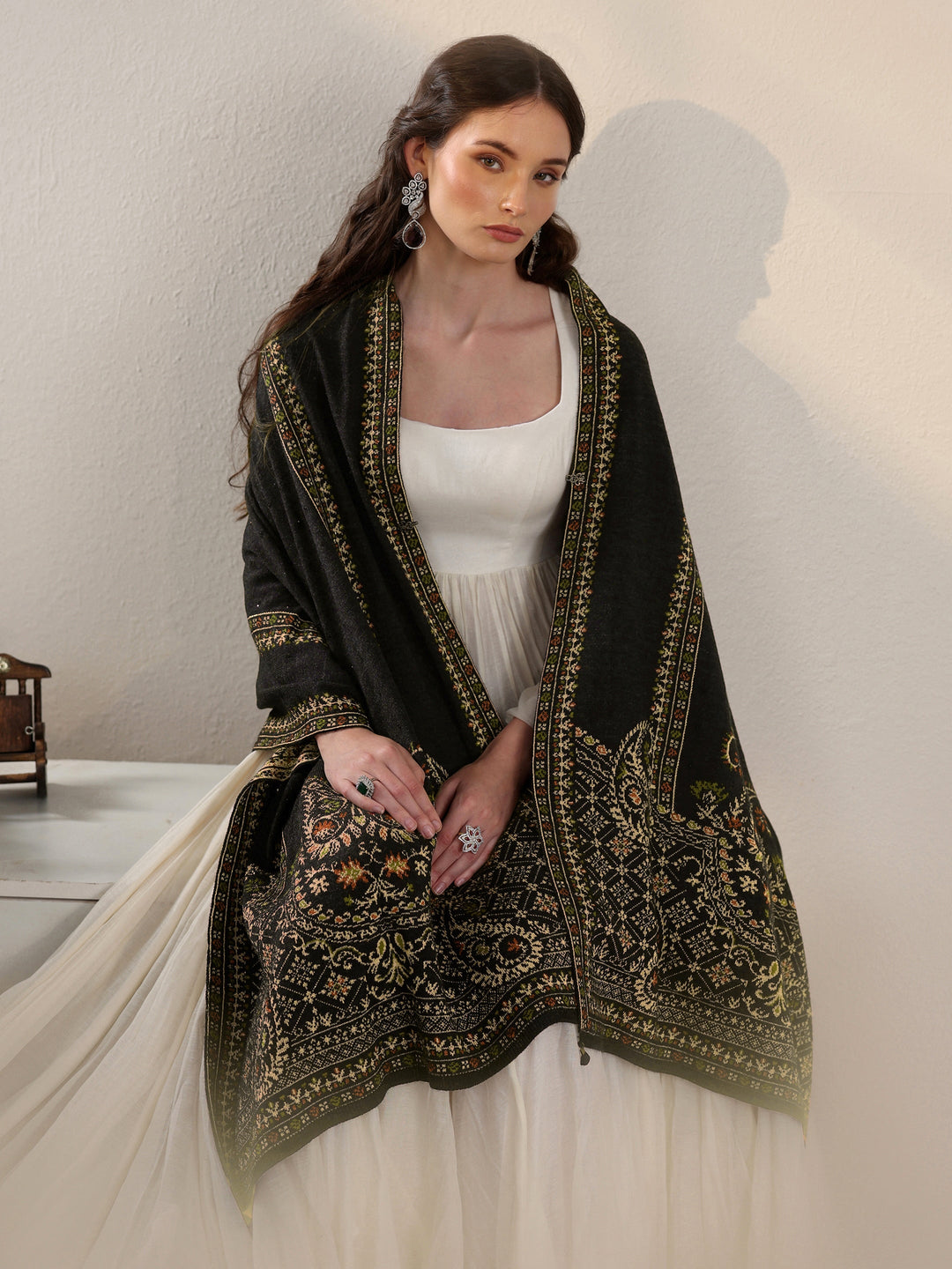 Libas Black Ethnic Knitted Acrylic Wrap Shawl