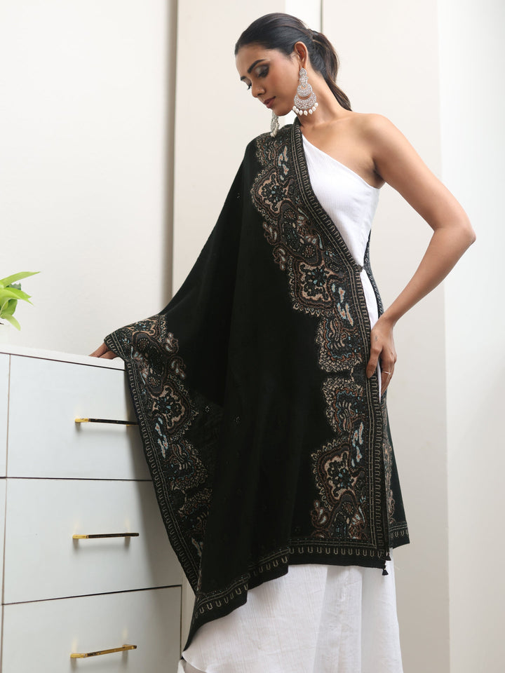Libas Black Ethnic Knitted Acrylic Wrap Shawl