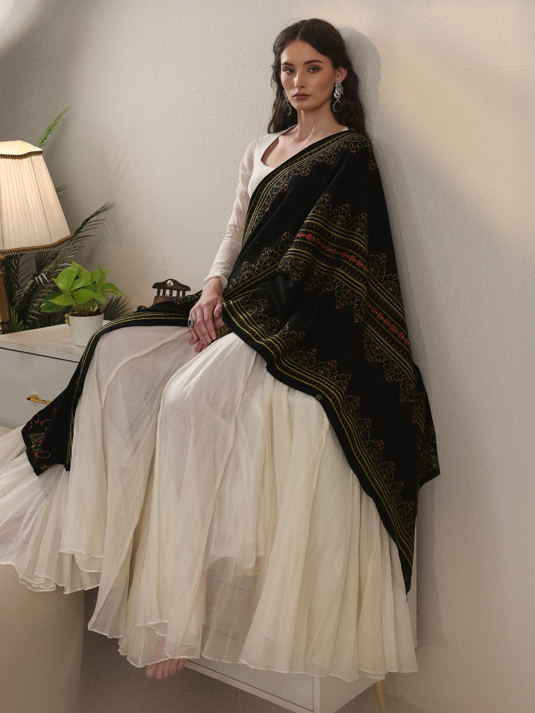 Libas Black Ethnic Knitted Acrylic Wrap Shawl