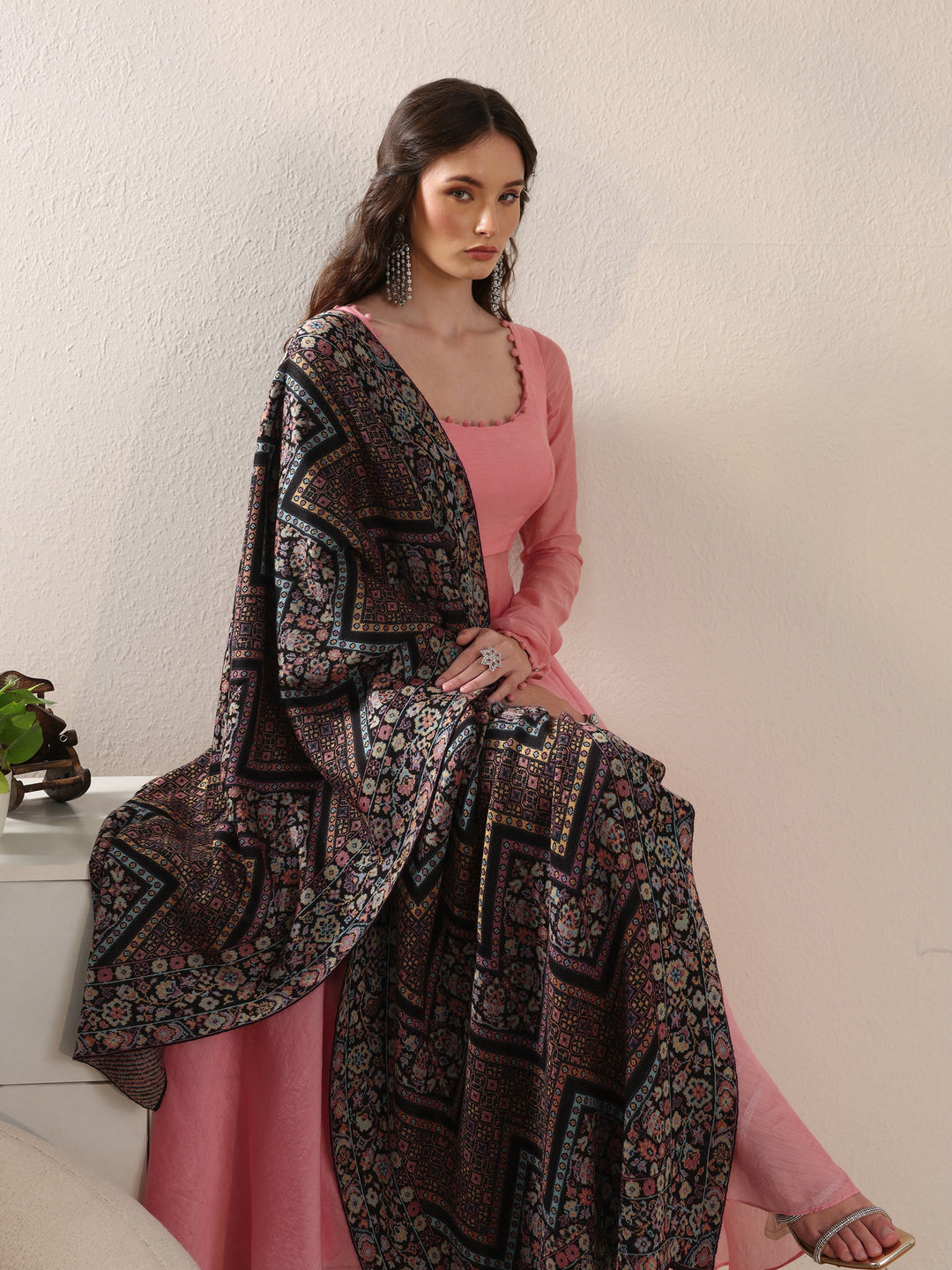 Libas Black Ethnic Knitted Acrylic Wrap Shawl