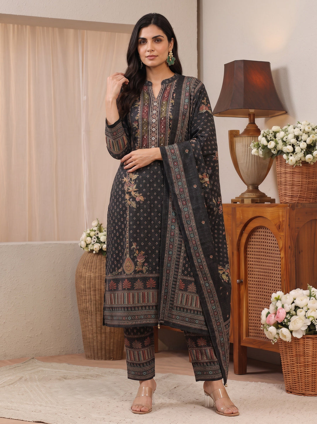 Libas Black Ethnic Motif Printed Wool Straight Suit Set