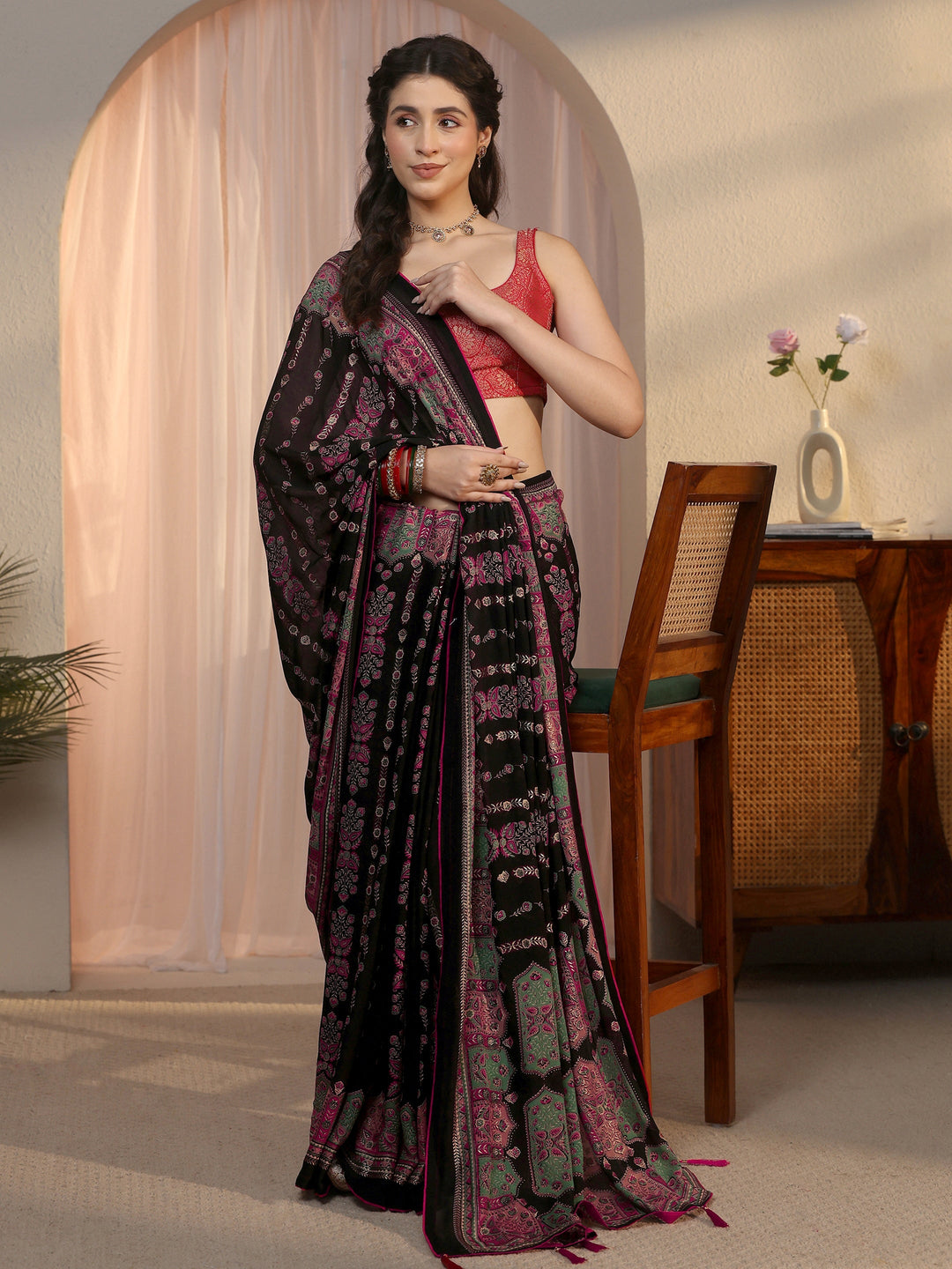 Libas Black Ethnic Printed Georgette Saree