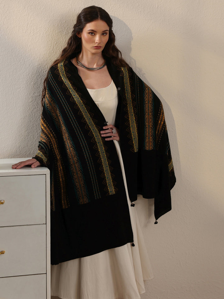 Libas Black Ethnic Striped Embroidered Acrylic Wrap Shawl
