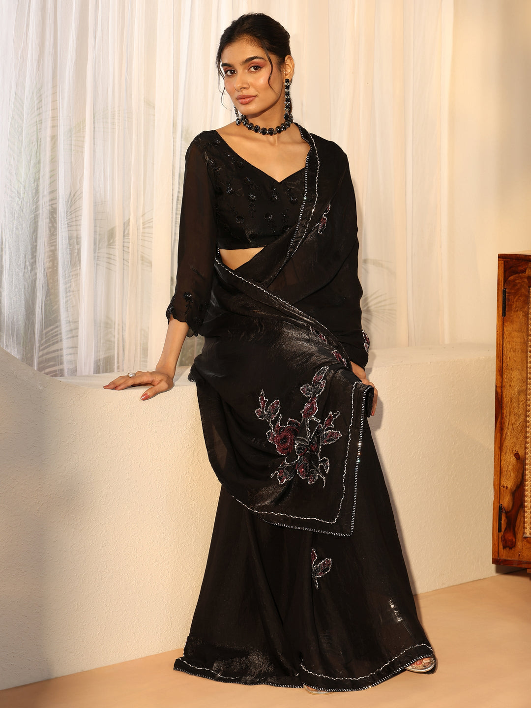 Libas Black Floral Applique Design Satin Saree