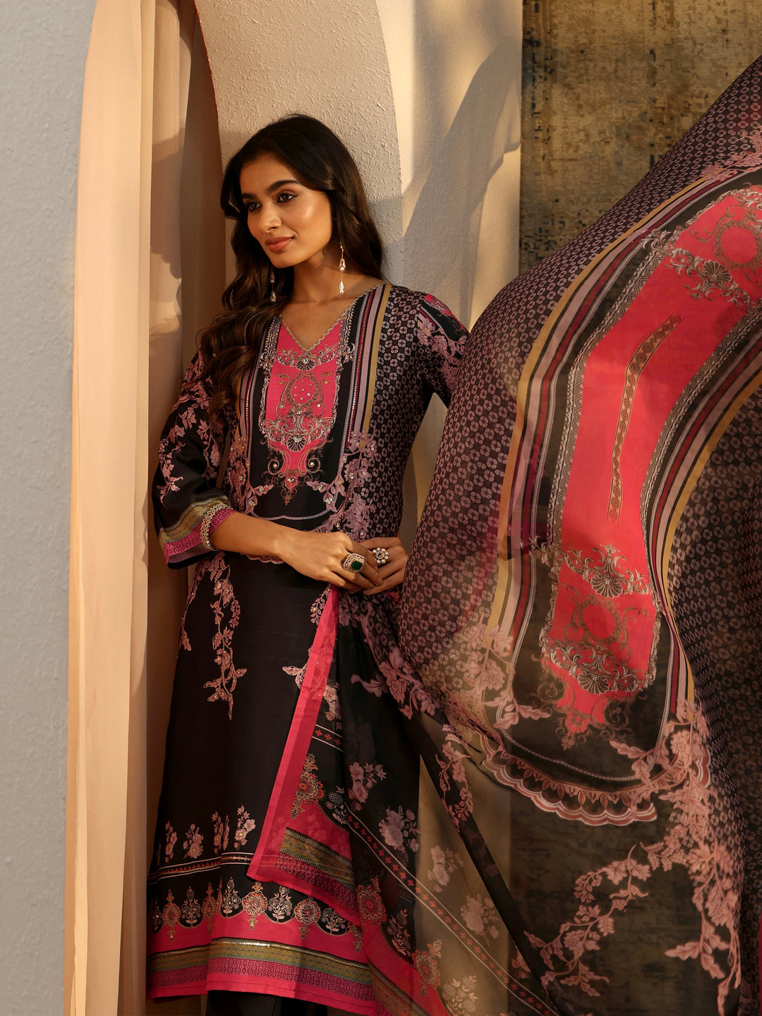 Libas Black Floral Embellished Silk Blend Straight Suit Set