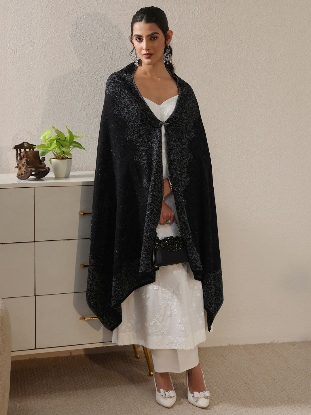 Libas Black Floral Embroidered Acrylic Wrap Shawl