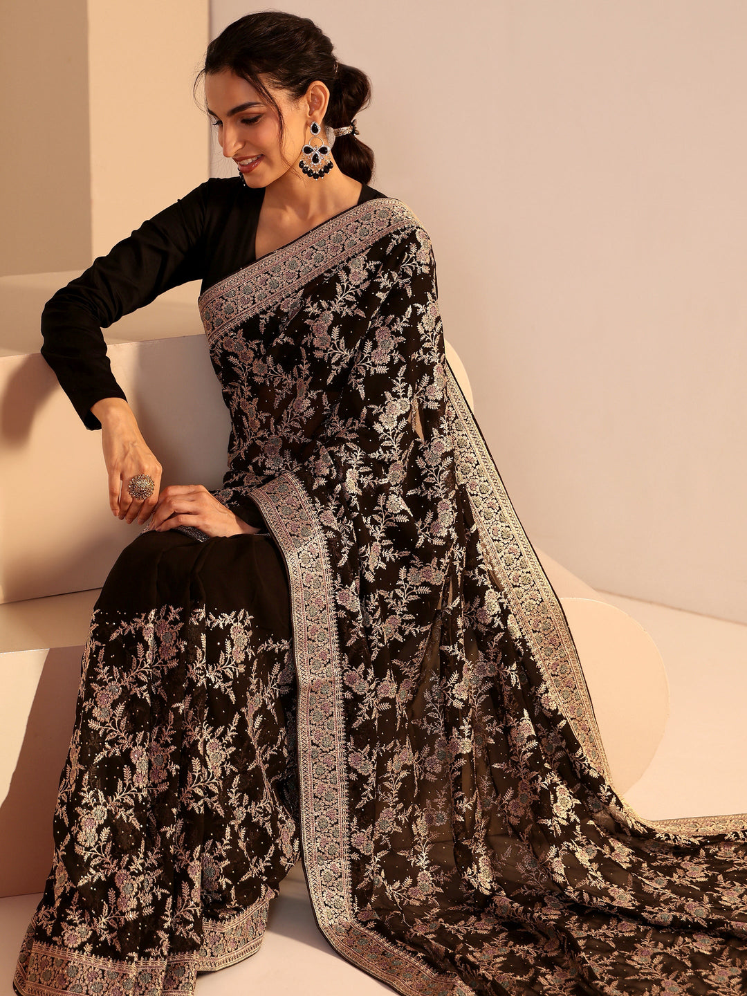 Libas Black Floral Embroidered Georgette Saree
