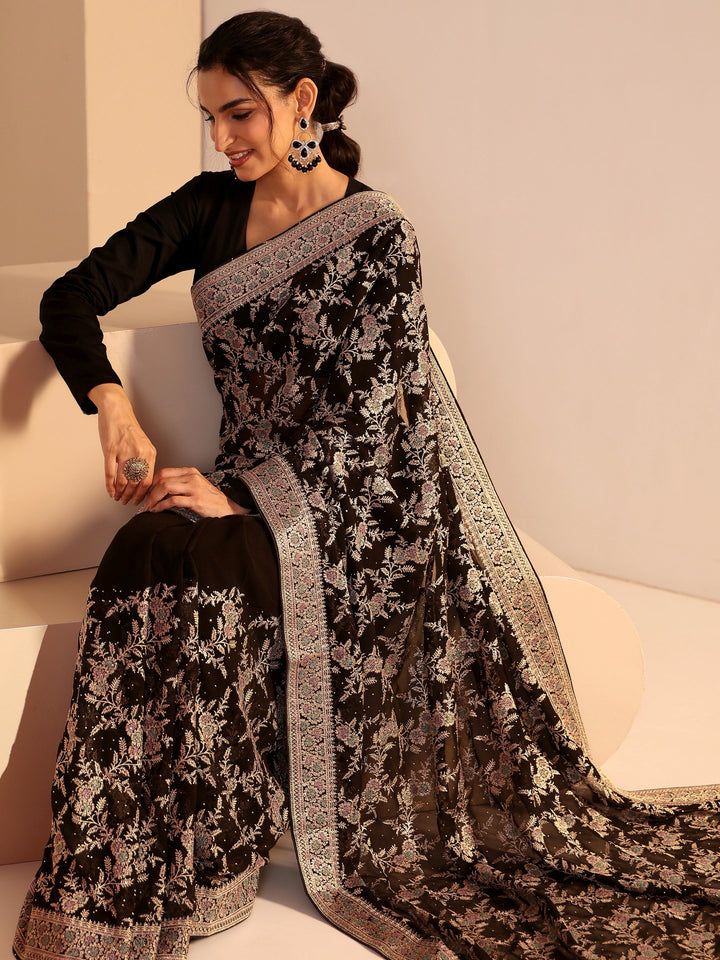 Libas Black Floral Embroidered Georgette Saree