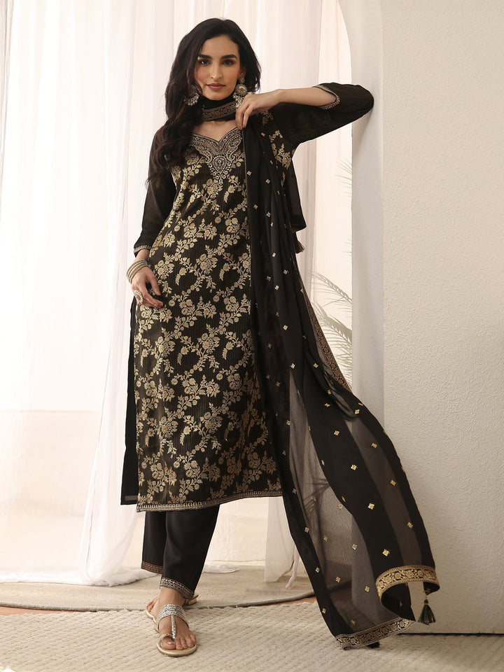 Libas Black Floral Embroidered Silk Blend Straight Suit Set