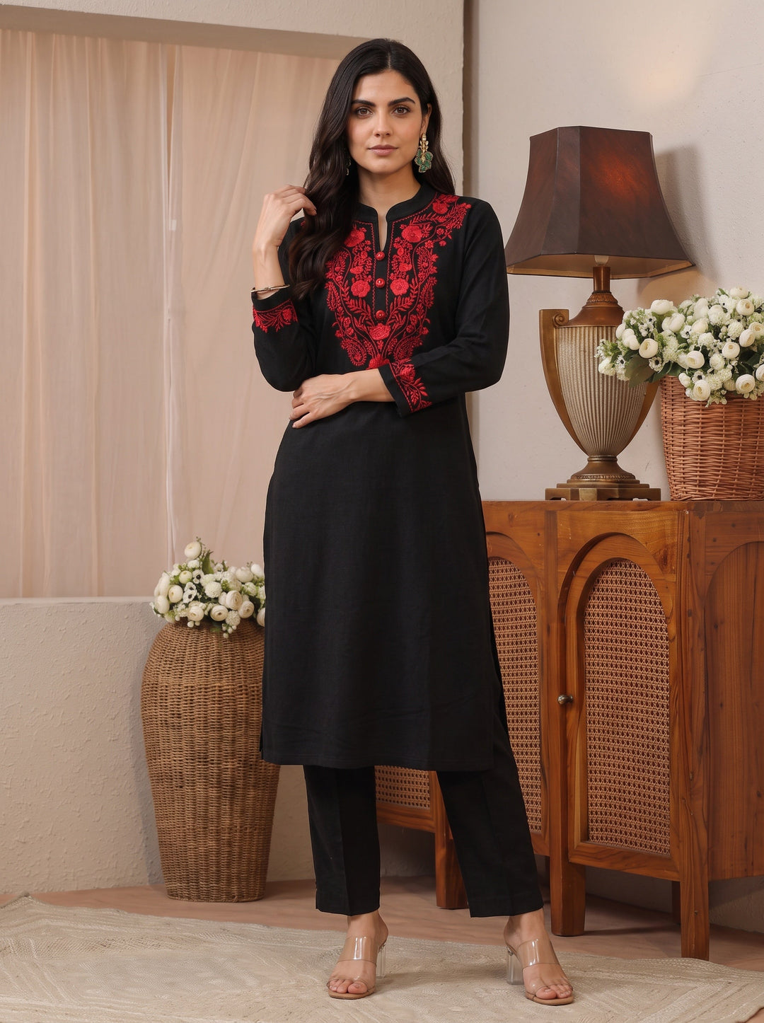 Libas Black Floral Embroidered Straight Kurta