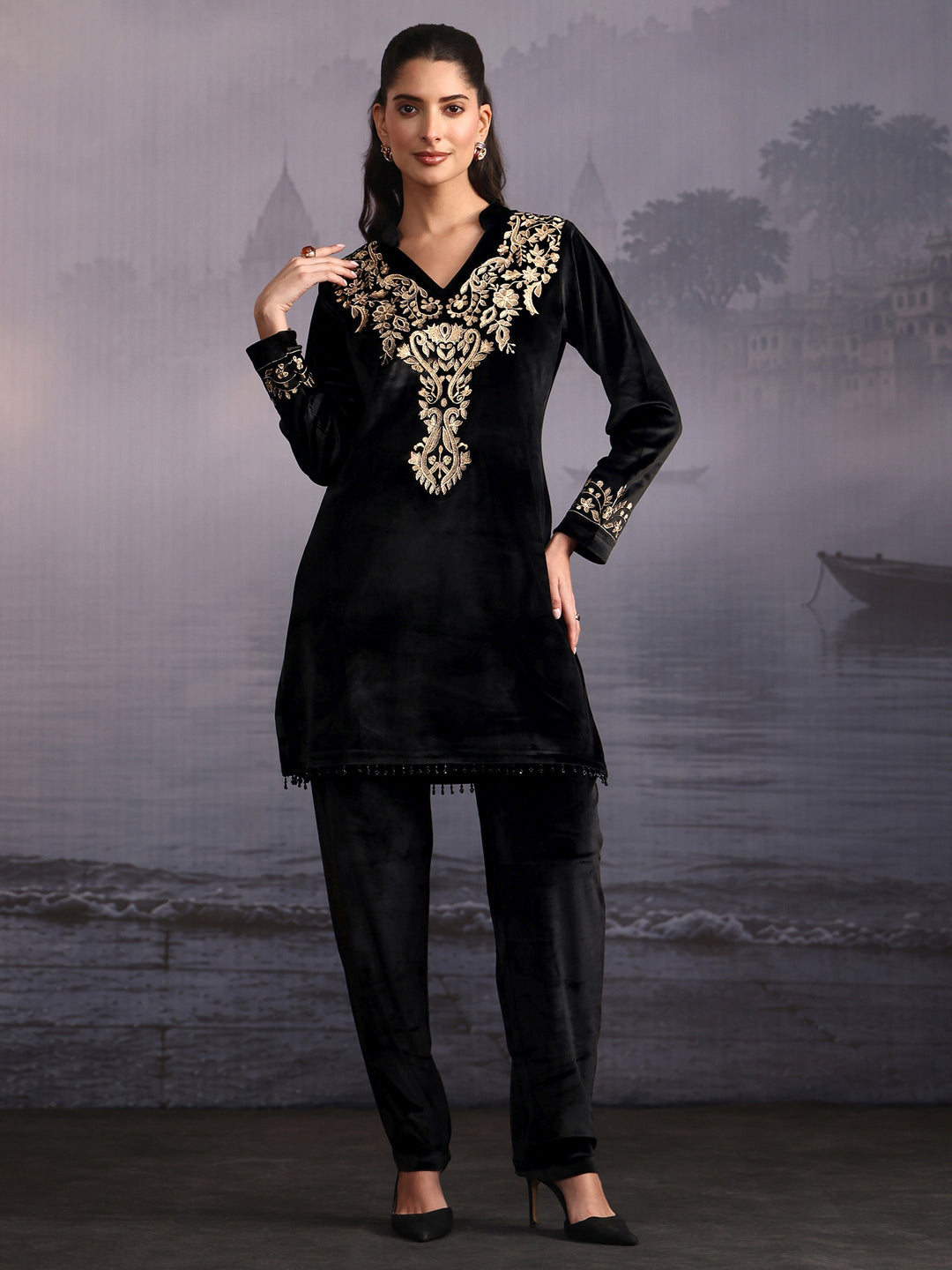 Libas Black Floral Embroidered Velvet Co-Ord Set