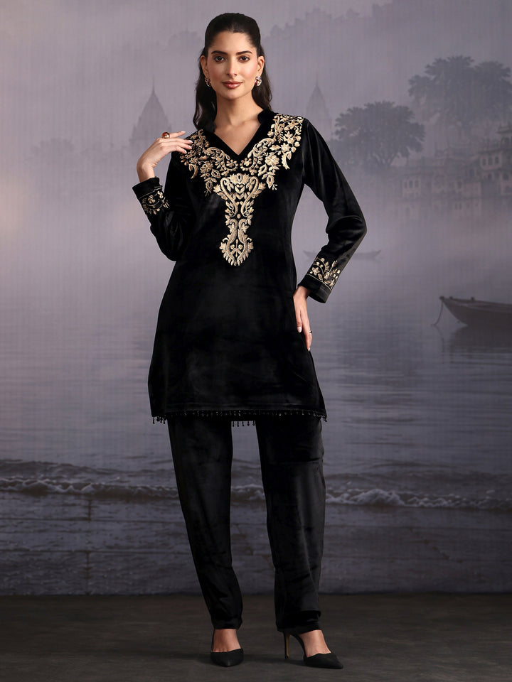 Libas Black Floral Embroidered Velvet Co-Ord Set