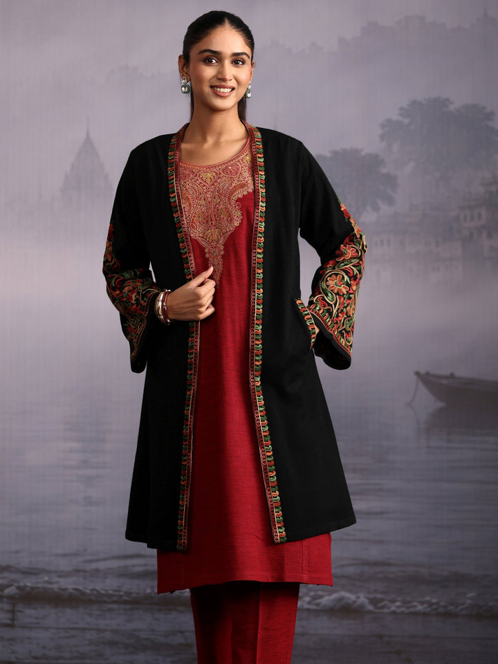 Libas Black Floral Embroidered Woolen Shrug with Pockets