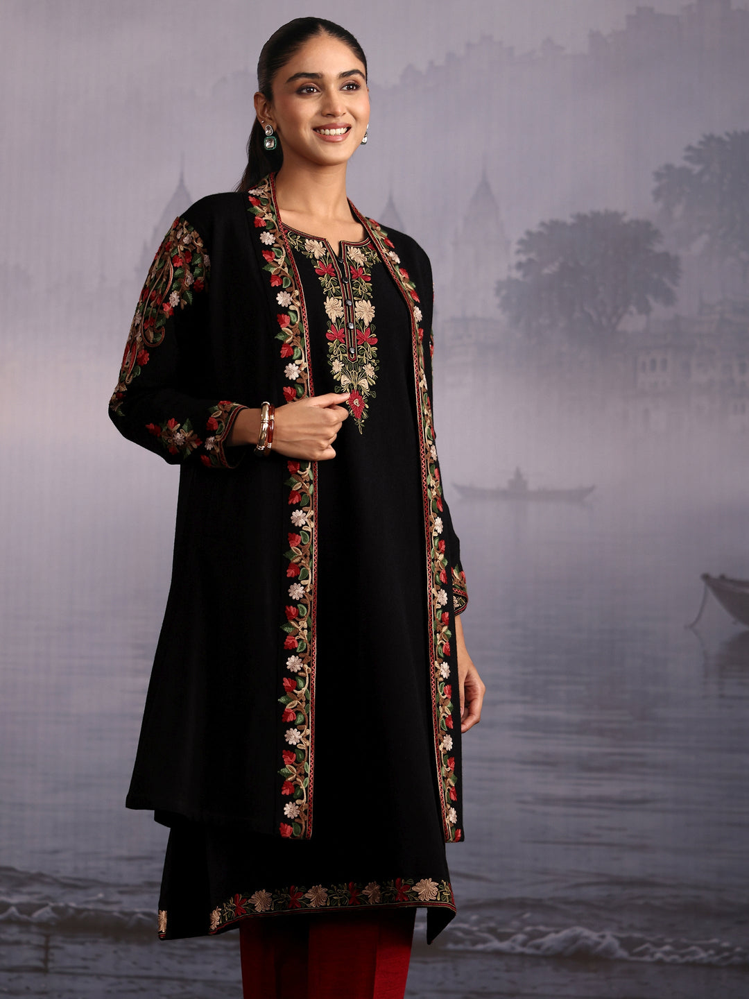 Libas Black Floral Embroidered Woolen Shrug with Pockets