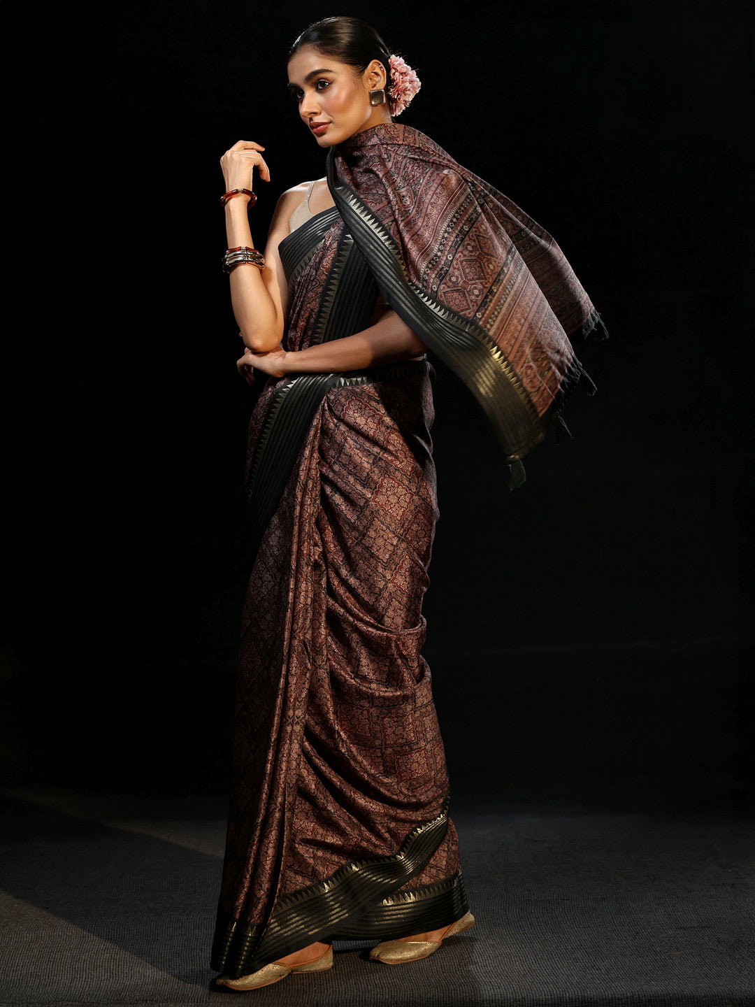 Libas Black Floral Foil Printed Silk Blend Saree