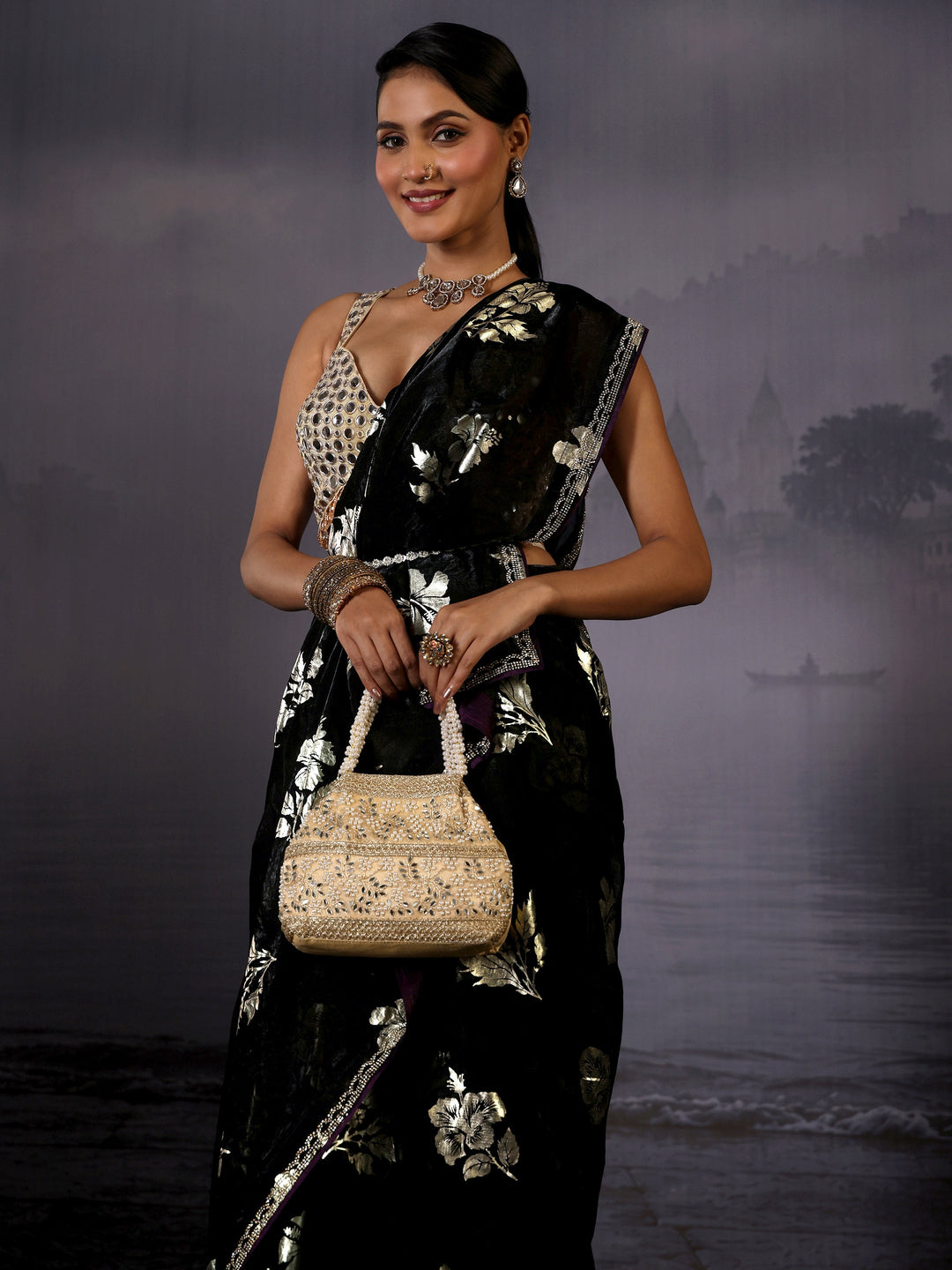 Libas Black Floral Foil Printed Tissue Saree with Embellished Border