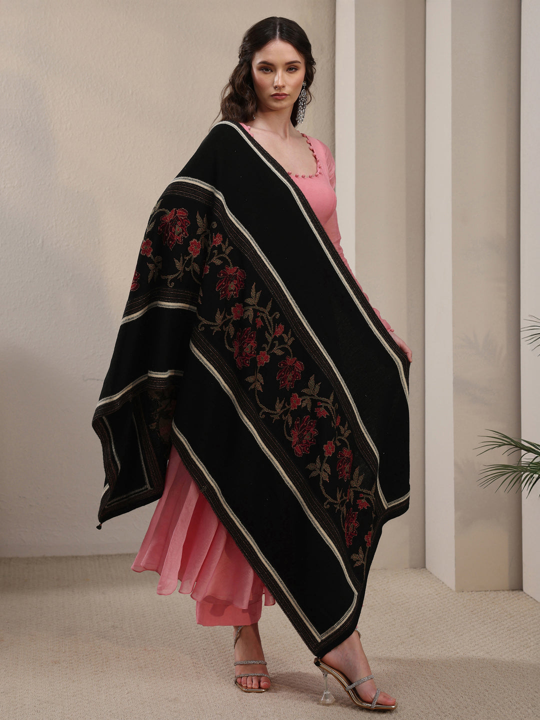 Libas Black Floral Knitted Acrylic Shawl