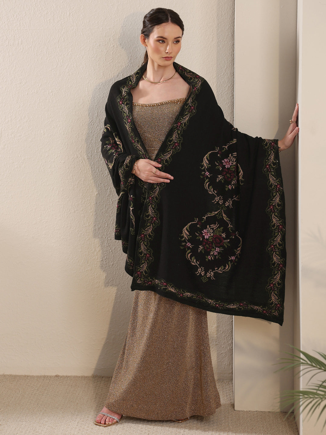 Libas Black Floral Knitted Acrylic Wrap Shawl