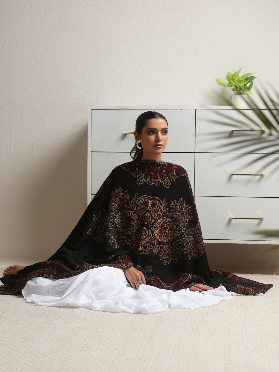 Libas Black Floral Knitted Acrylic Wrap Shawl