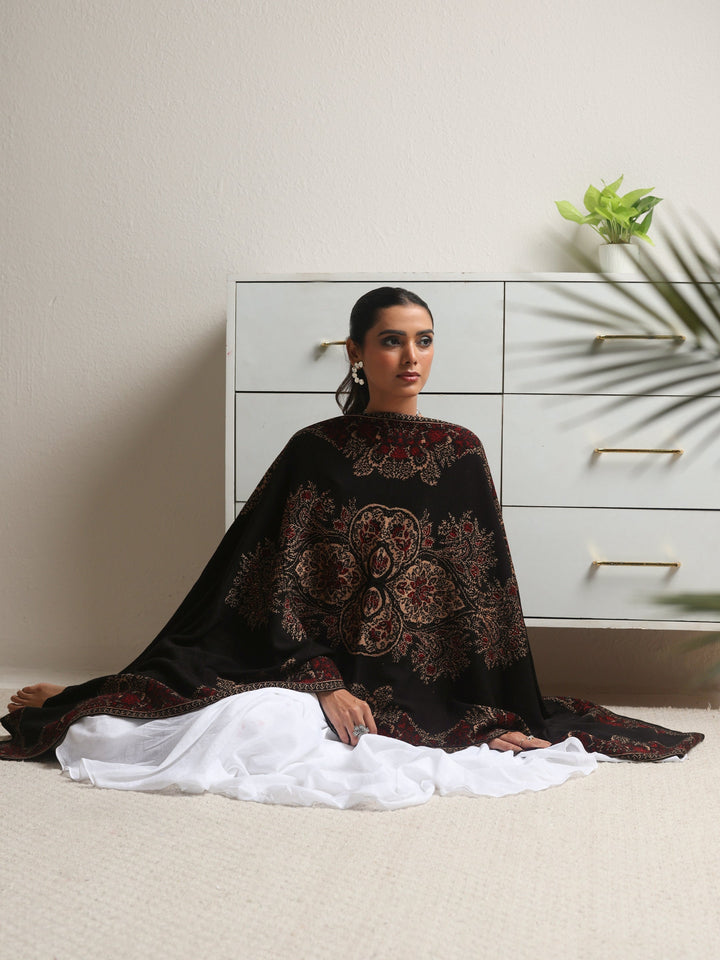 Libas Black Floral Knitted Acrylic Wrap Shawl