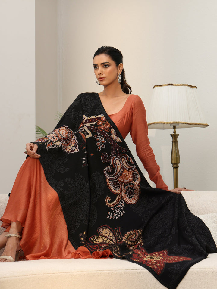 Libas Black Floral Knitted Acrylic Wrap Shawl