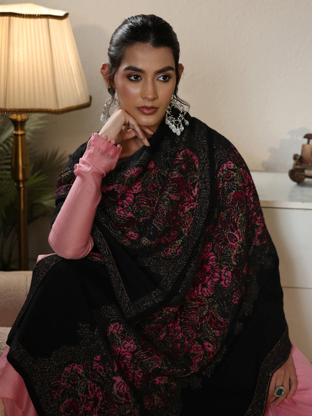 Libas Black Floral Knitted Acrylic Wrap Shawl