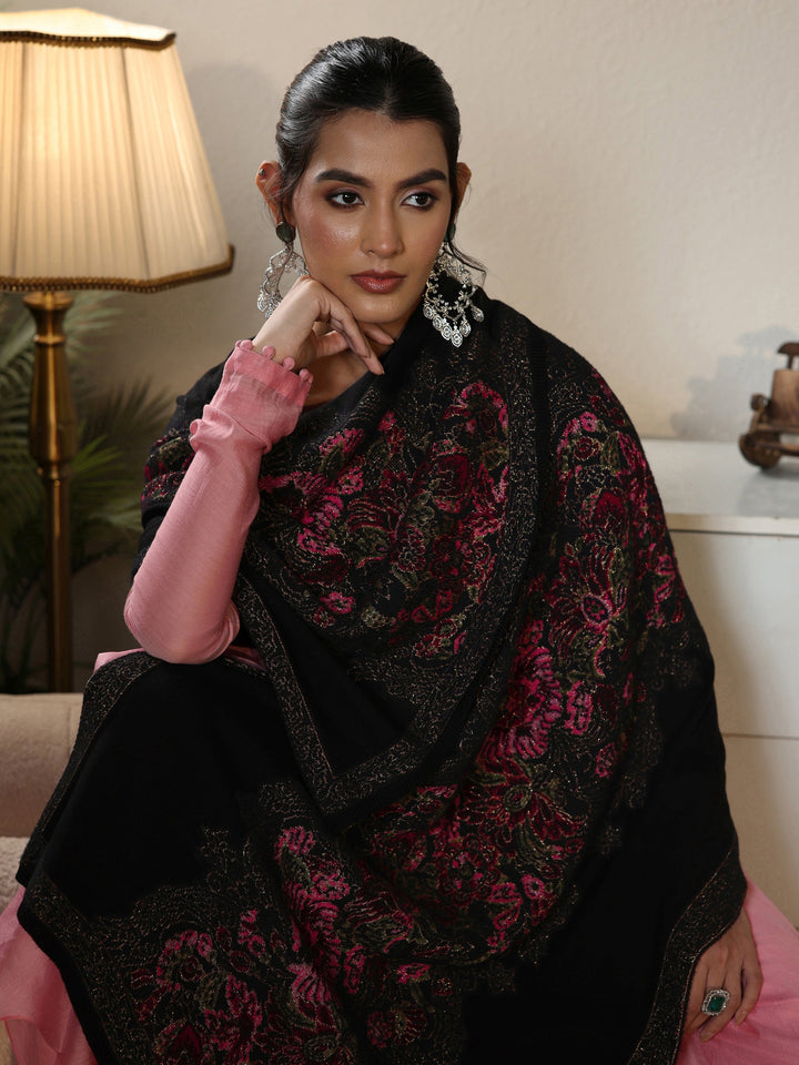 Libas Black Floral Knitted Acrylic Wrap Shawl