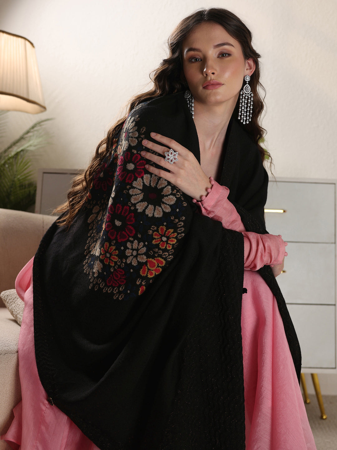 Libas Black Floral Mesh Knitted Acrylic Wrap Shawl
