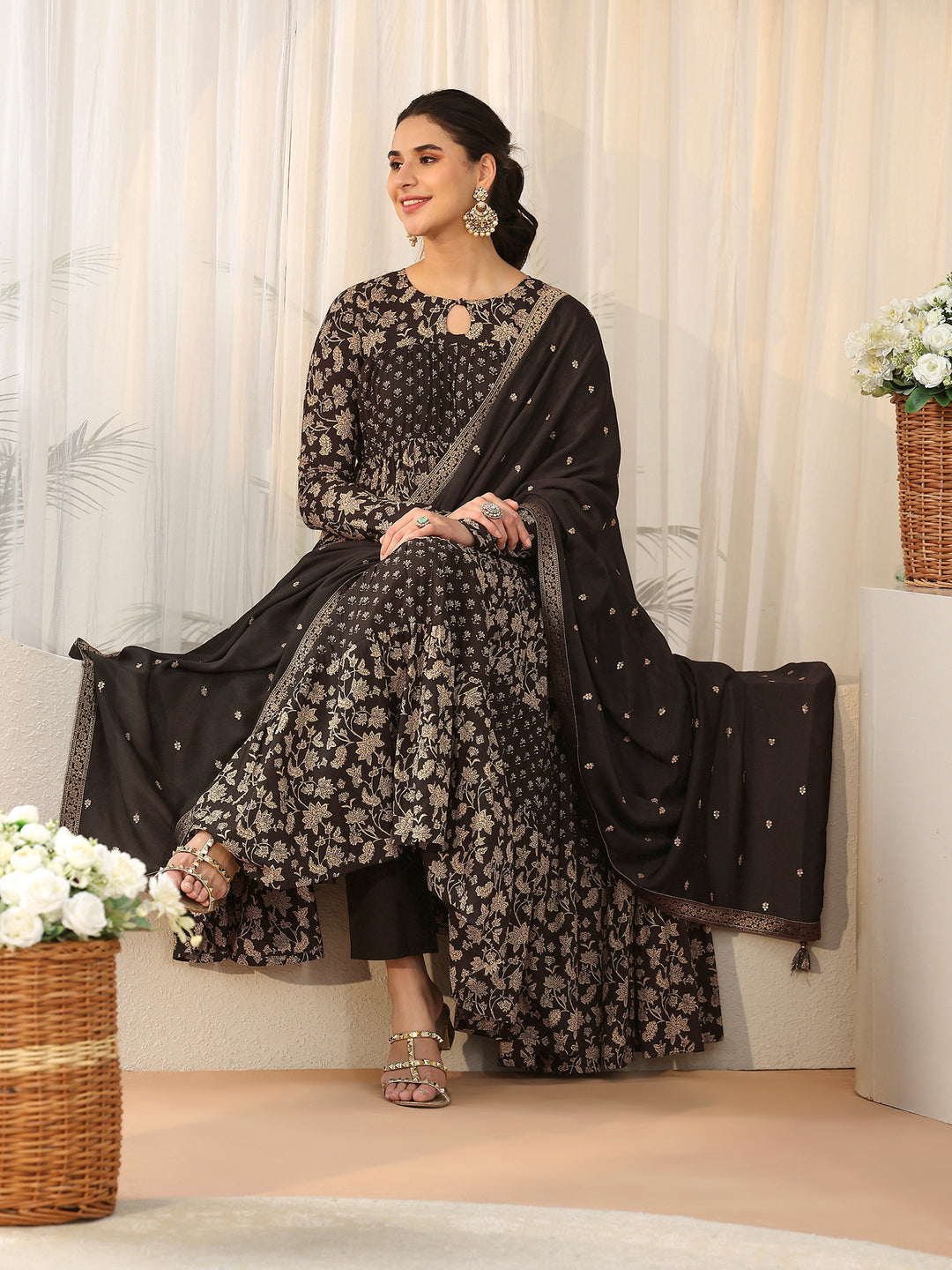 Libas Black Floral Printed Cotton Anarkali Suit Set