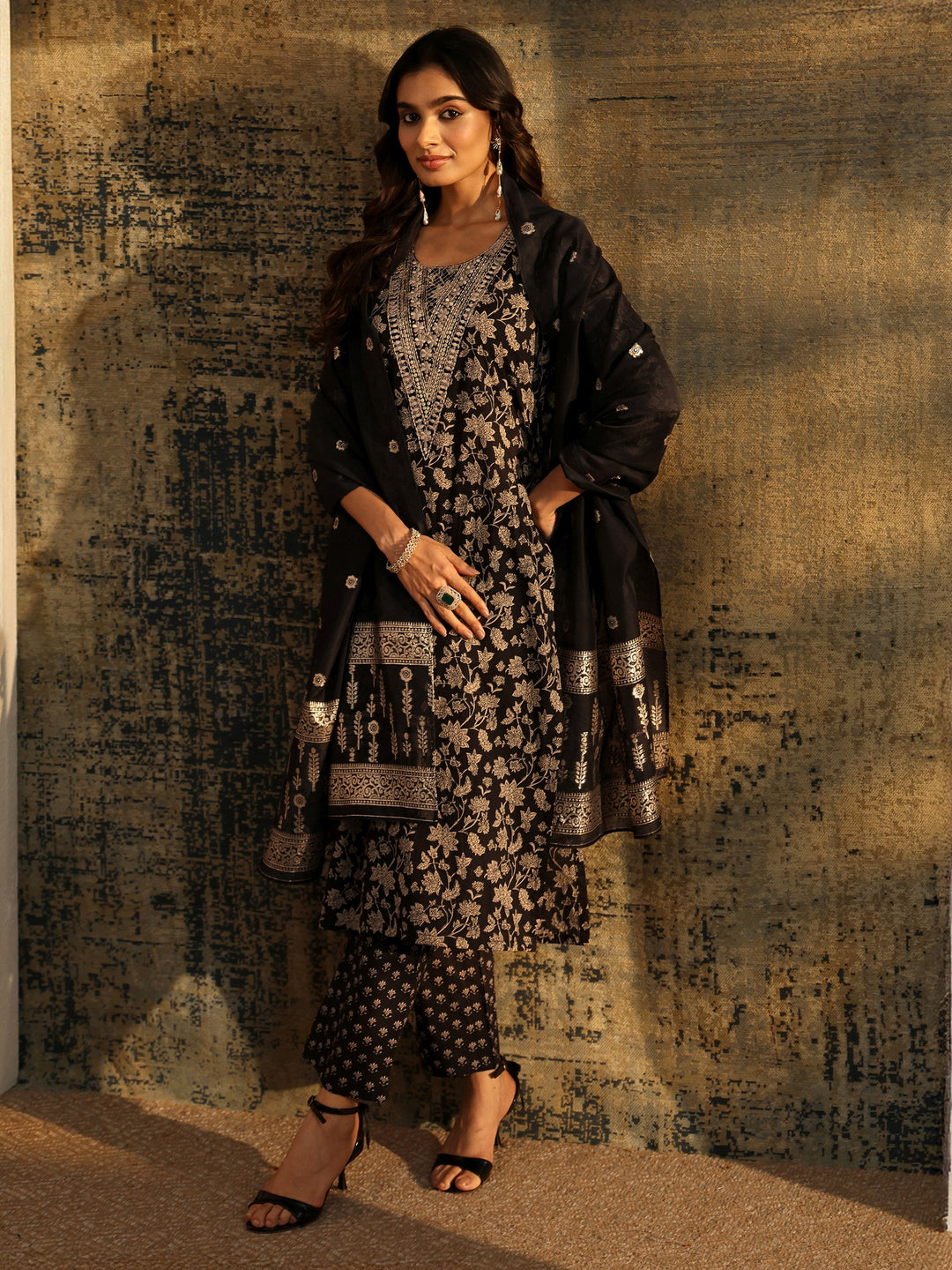 Libas Black Floral Printed Cotton Straight Suit Set