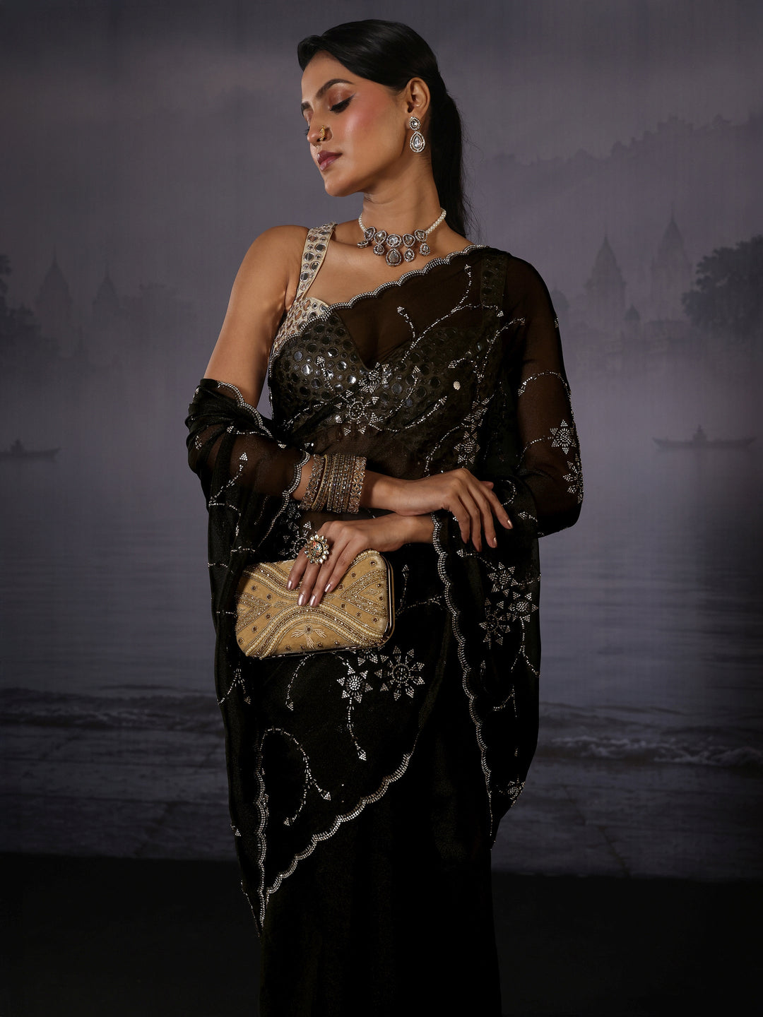 Libas Black Floral Stone Work Embellished Tissue Saree