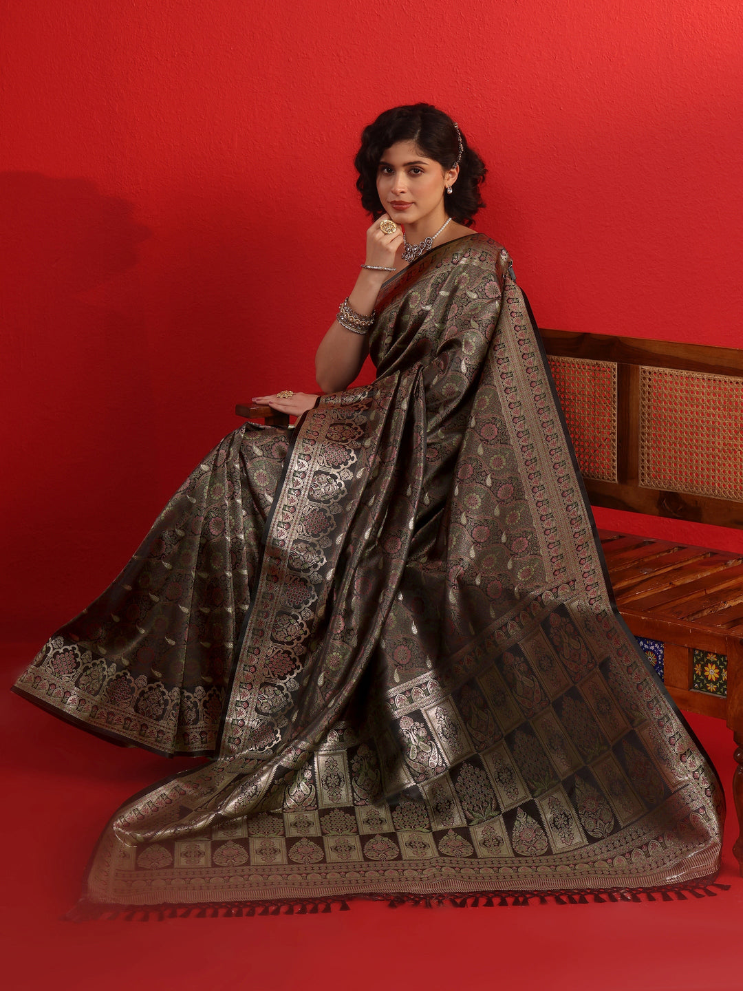 Libas Black Floral Woven Design Satin Tassel Saree