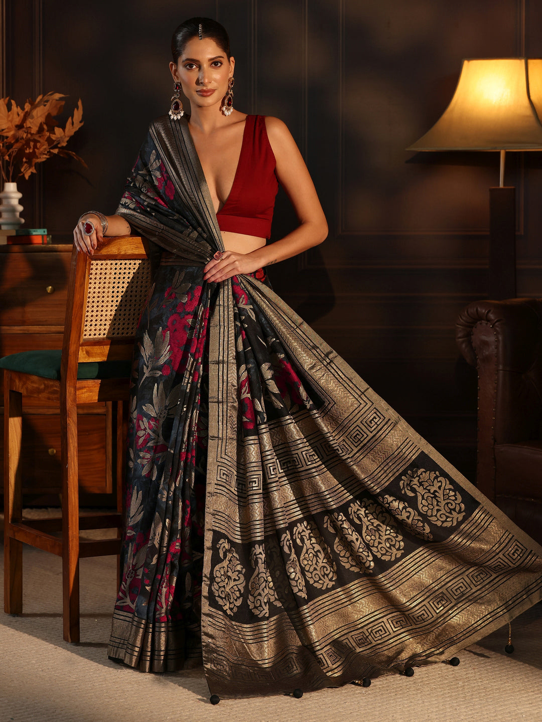 Libas Black Floral Woven Design Silk Blend Saree