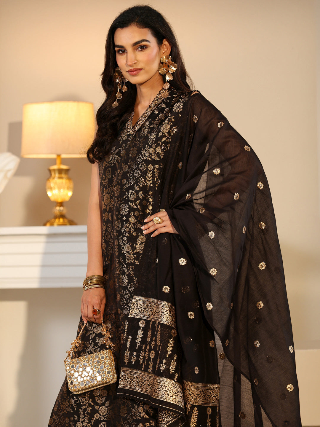 Libas Black Floral Woven Design Silk Blend Straight Suit Set
