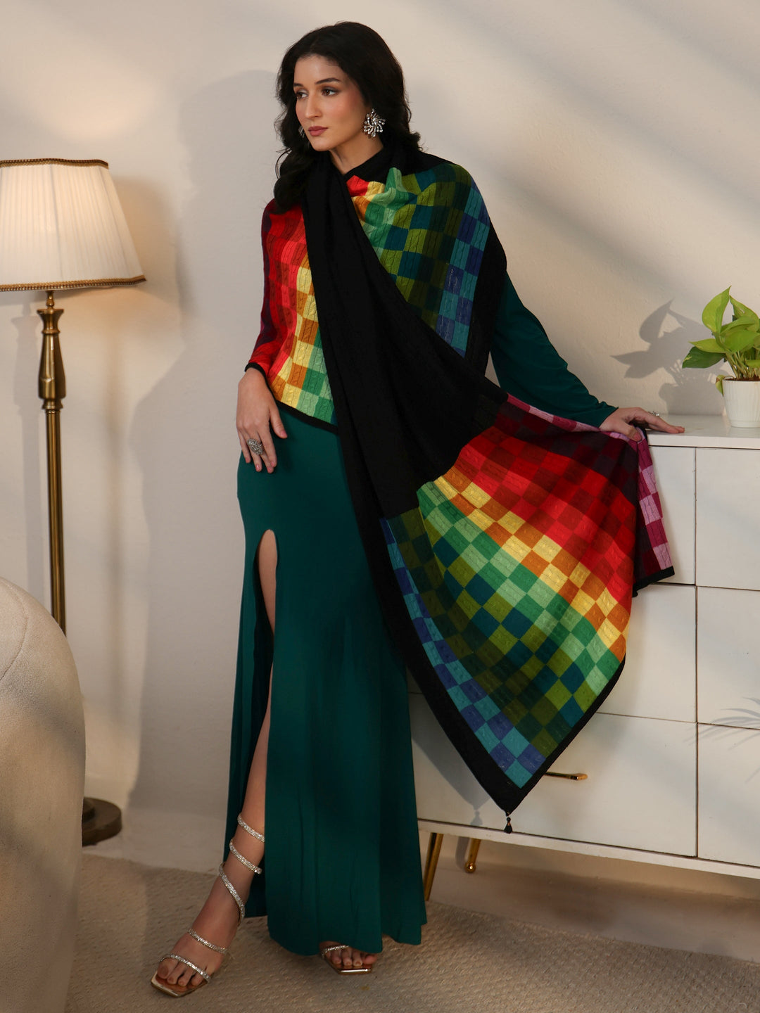 Libas Black Geometric Acrylic Wrap Shawl