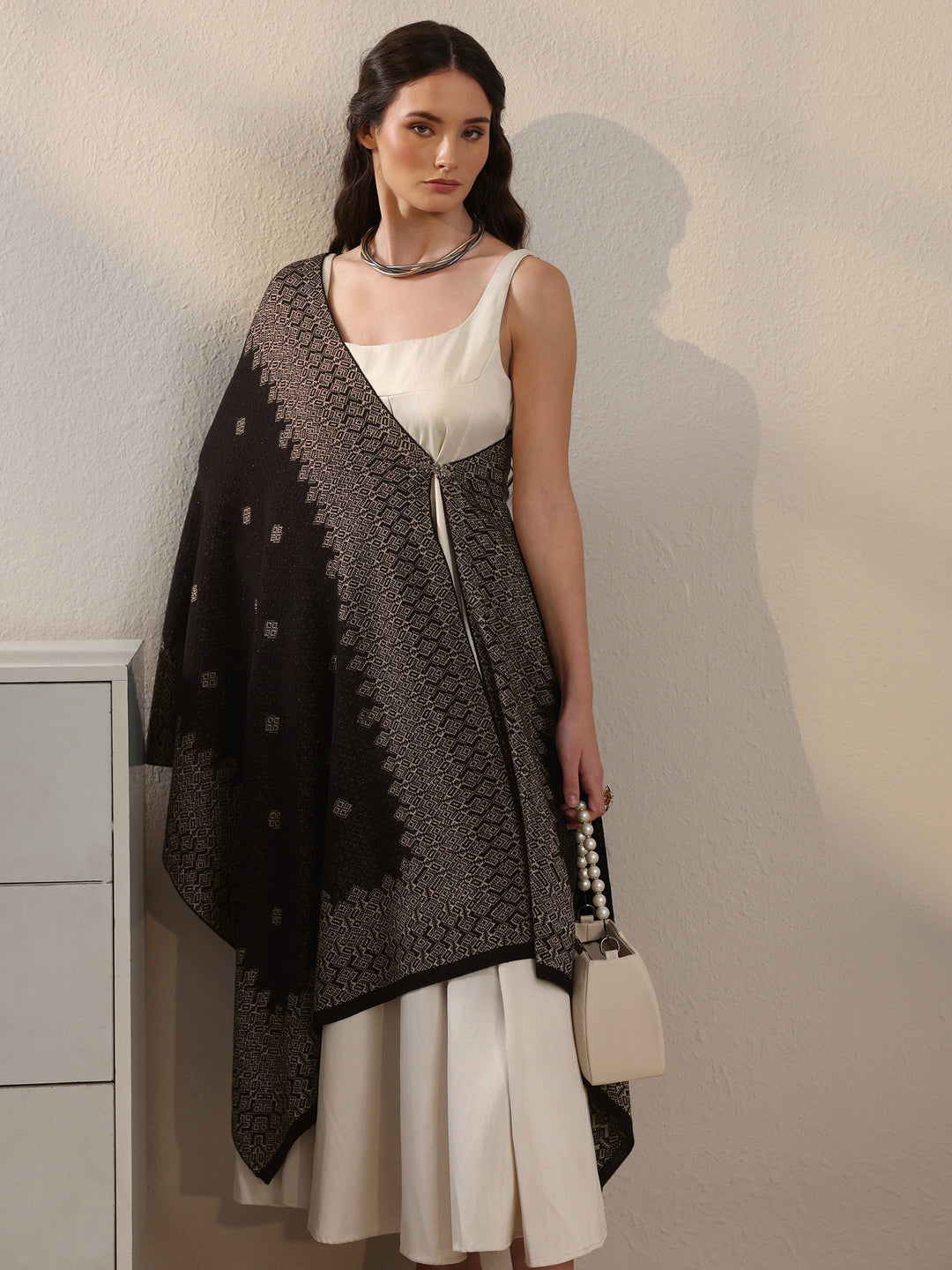 Libas Black Geometric Embroidered Acrylic Wrap Shawl