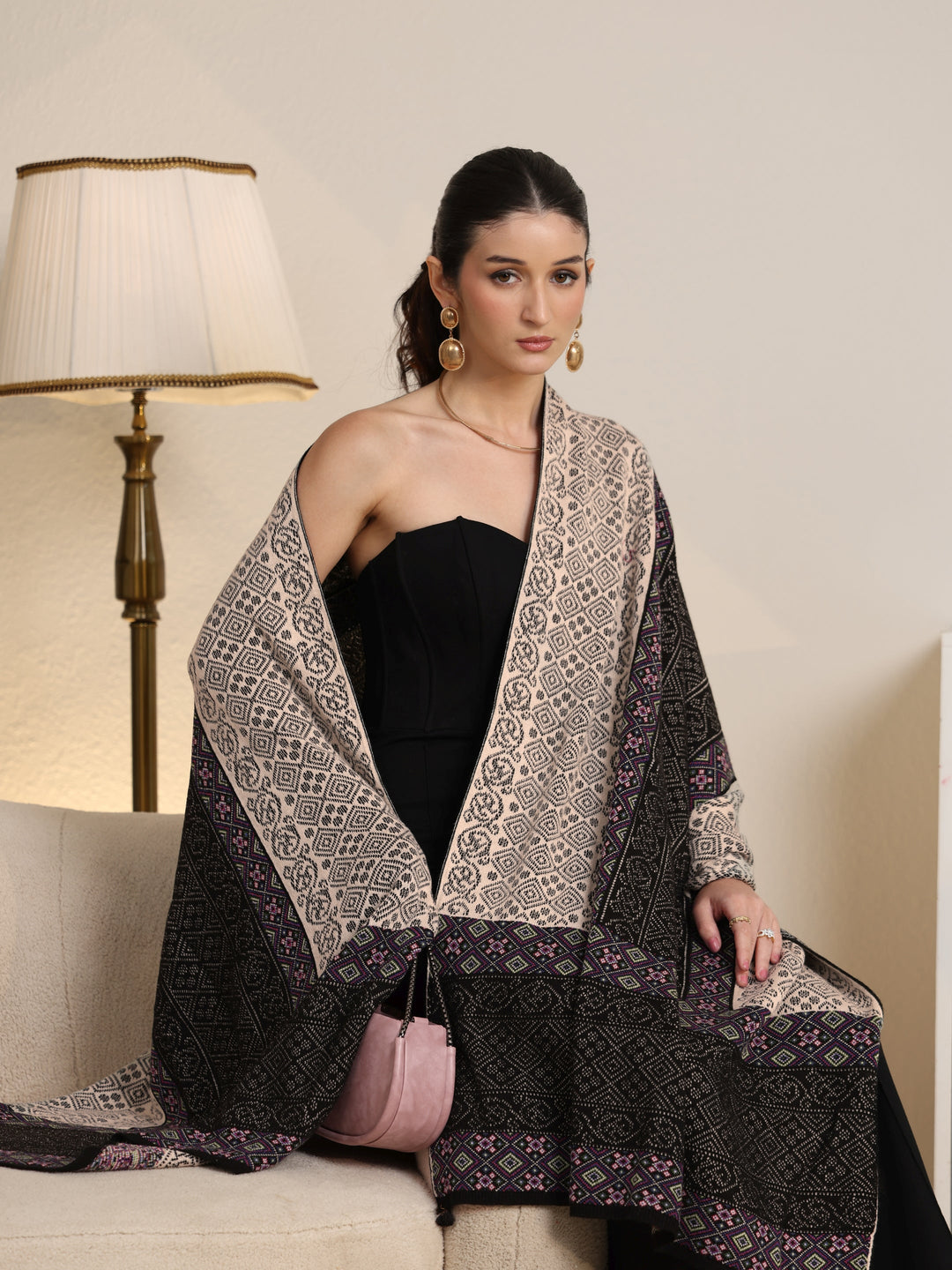 Libas Black Geometric Knitted Acrylic Wrap Shawl