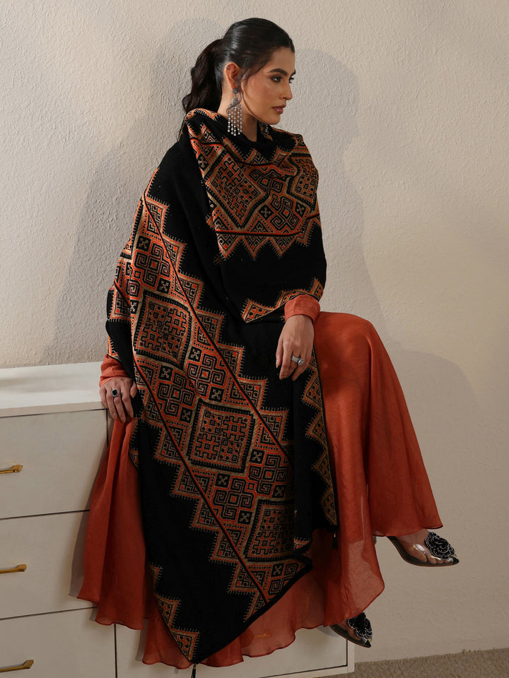Libas Black Geometric Knitted Acrylic Wrap Shawl
