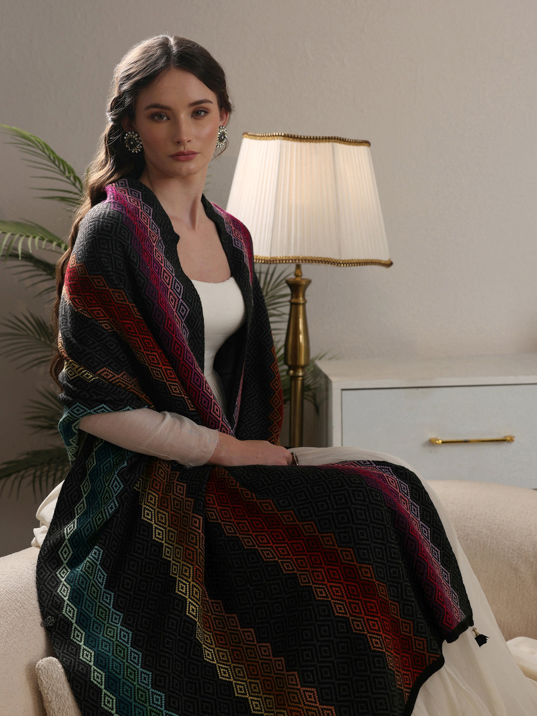 Libas Black Geometric Knitted Acrylic Wrap Shawl